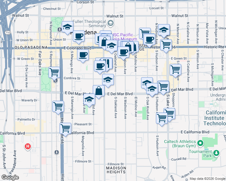 map of restaurants, bars, coffee shops, grocery stores, and more near 255 South Oakland Avenue in Pasadena