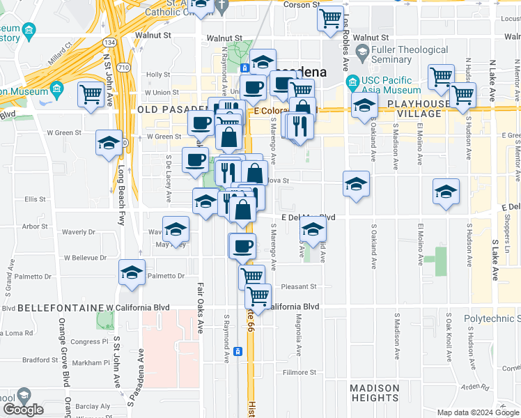 map of restaurants, bars, coffee shops, grocery stores, and more near 243 South Marengo Avenue in Pasadena