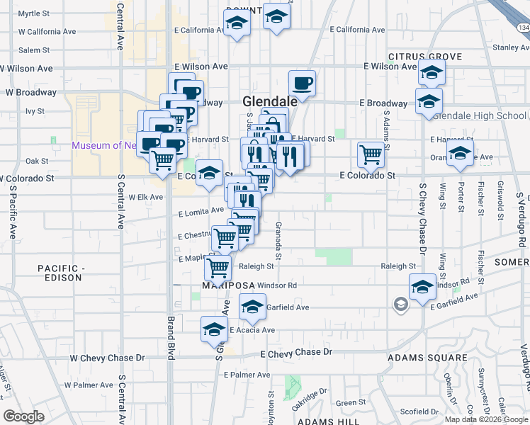 map of restaurants, bars, coffee shops, grocery stores, and more near 400 South Glendale Avenue in Glendale