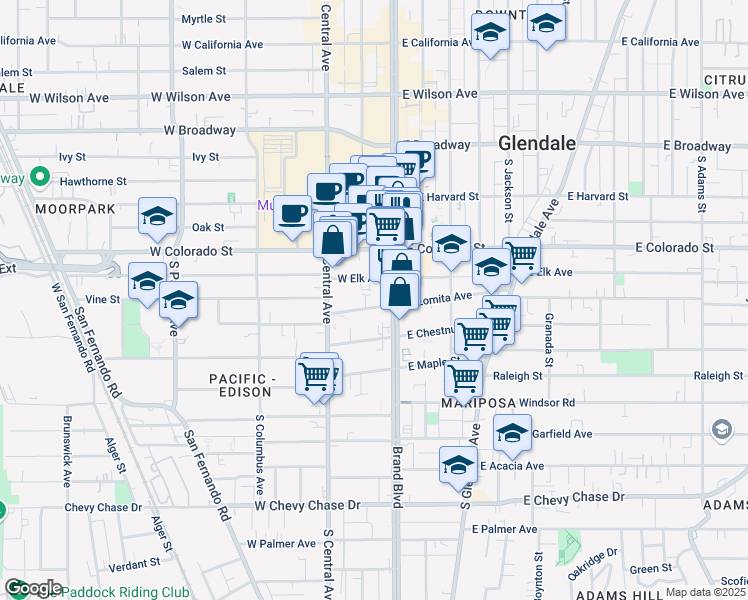 map of restaurants, bars, coffee shops, grocery stores, and more near 401 South Brand Boulevard in Glendale