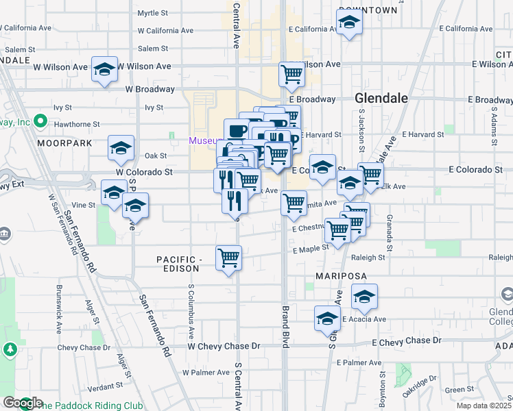map of restaurants, bars, coffee shops, grocery stores, and more near 212 West Elk Avenue in Glendale
