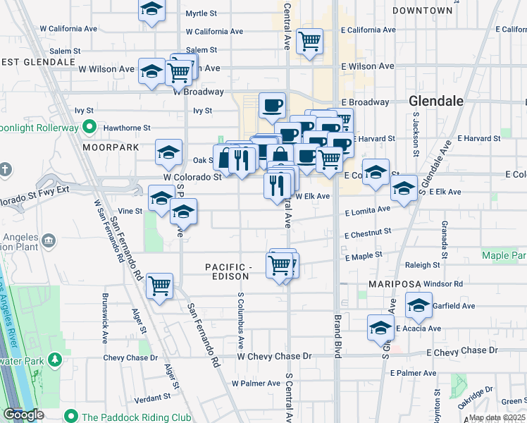map of restaurants, bars, coffee shops, grocery stores, and more near 350 West Elk Avenue in Glendale