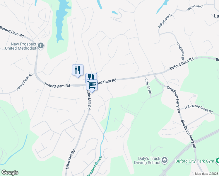 map of restaurants, bars, coffee shops, grocery stores, and more near 5751 Crest Hill Drive Northeast in Buford