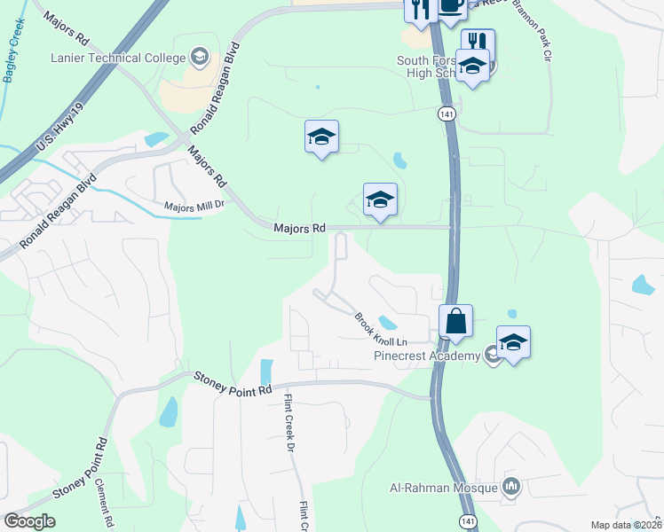 map of restaurants, bars, coffee shops, grocery stores, and more near 1825 Brannon Commons Circle in Cumming