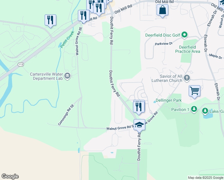 map of restaurants, bars, coffee shops, grocery stores, and more near 347-473 Douthit Ferry Road in Cartersville