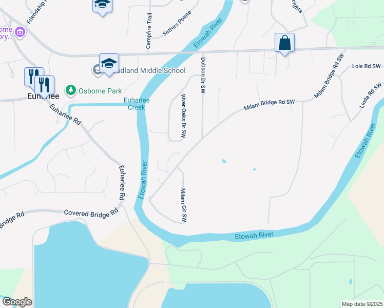 map of restaurants, bars, coffee shops, grocery stores, and more near 260 Milam Bridge Road Southwest in Euharlee