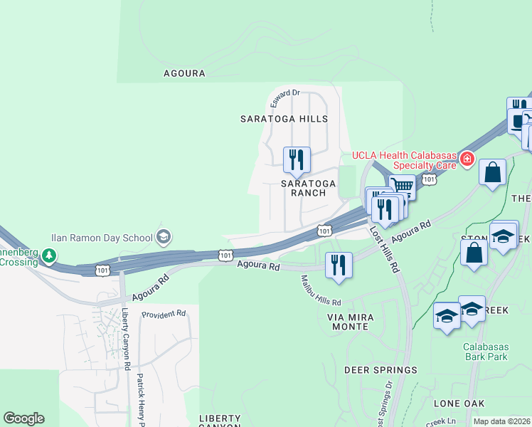 map of restaurants, bars, coffee shops, grocery stores, and more near 5021 Dantes View Drive in Agoura Hills