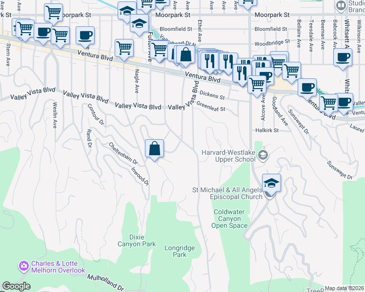 map of restaurants, bars, coffee shops, grocery stores, and more near 3901 Longridge Avenue in Los Angeles