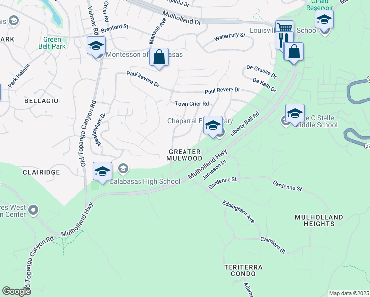 map of restaurants, bars, coffee shops, grocery stores, and more near 22719 Brandywine Drive in Calabasas