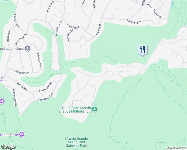 map of restaurants, bars, coffee shops, grocery stores, and more near 3833 Winford Drive in Los Angeles