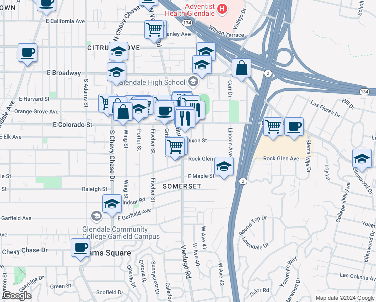 map of restaurants, bars, coffee shops, grocery stores, and more near 428 South Verdugo Road in Glendale