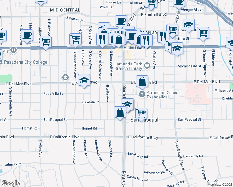 map of restaurants, bars, coffee shops, grocery stores, and more near 270 South Roosevelt Avenue in Pasadena