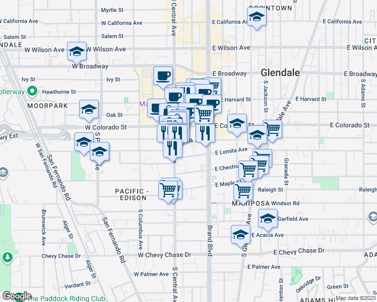 map of restaurants, bars, coffee shops, grocery stores, and more near 207 West Lomita Avenue in Glendale