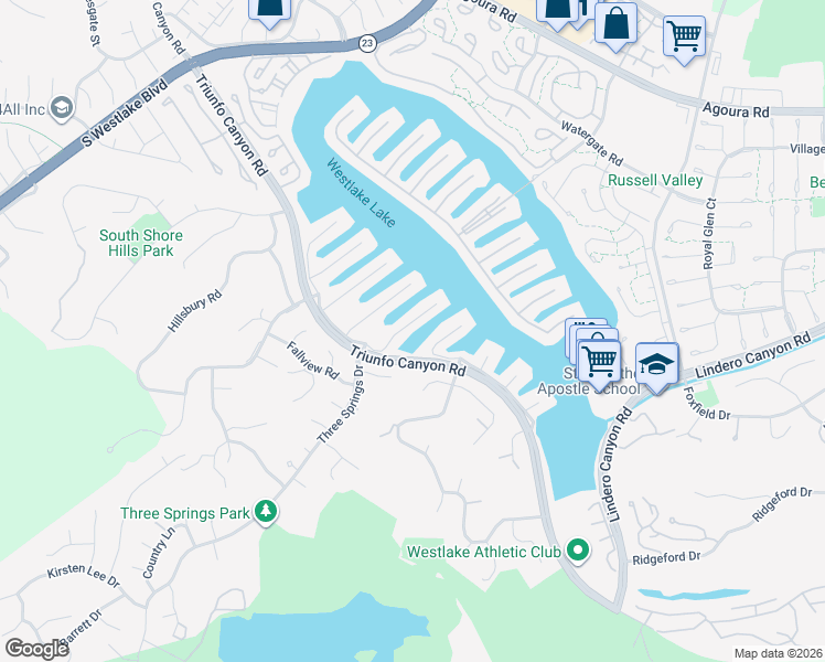map of restaurants, bars, coffee shops, grocery stores, and more near 3816 Bowsprit Circle in Westlake Village