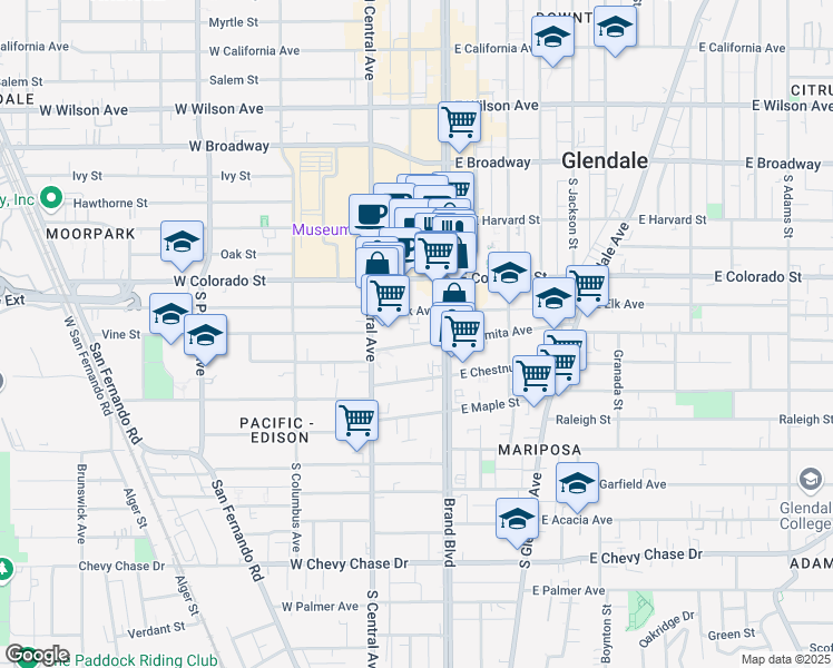 map of restaurants, bars, coffee shops, grocery stores, and more near 123 West Lomita Avenue in Glendale