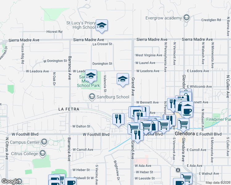 map of restaurants, bars, coffee shops, grocery stores, and more near 336 Trayer Avenue in Glendora