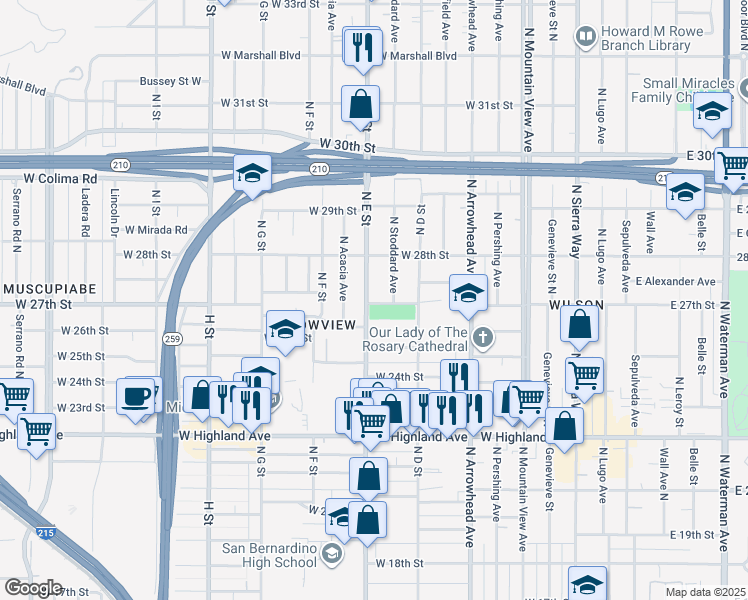 map of restaurants, bars, coffee shops, grocery stores, and more near 2701 North E Street in San Bernardino