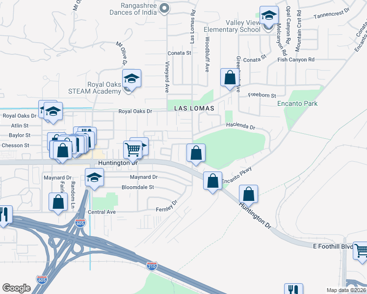 map of restaurants, bars, coffee shops, grocery stores, and more near 2629 Calle Martos in Duarte