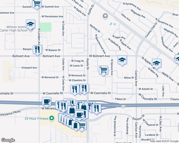 map of restaurants, bars, coffee shops, grocery stores, and more near 1098 West La Gloria Drive in Rialto