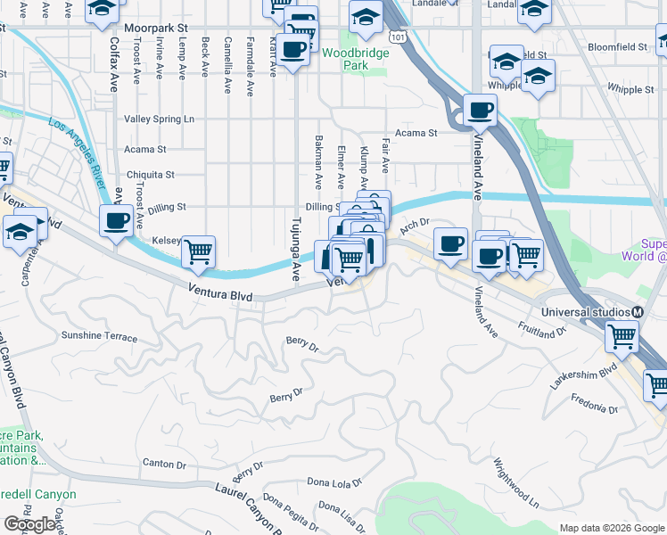 map of restaurants, bars, coffee shops, grocery stores, and more near 11337 Ventura Boulevard in Los Angeles