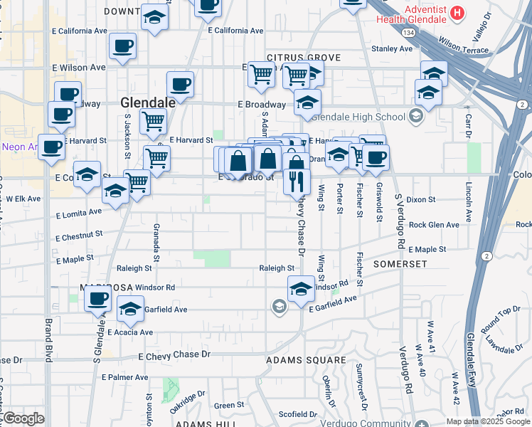 map of restaurants, bars, coffee shops, grocery stores, and more near South Adams Street & East Lomita Avenue in Glendale