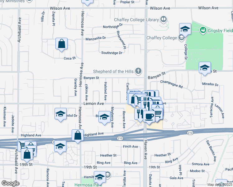 map of restaurants, bars, coffee shops, grocery stores, and more near 6206 Mayberry Avenue in Rancho Cucamonga
