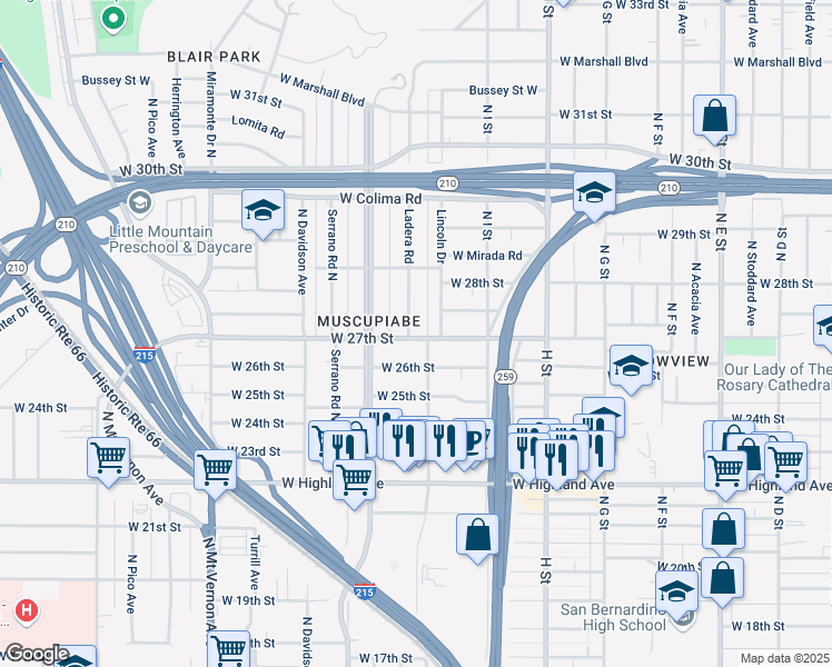map of restaurants, bars, coffee shops, grocery stores, and more near 2707 Ladera Road in San Bernardino