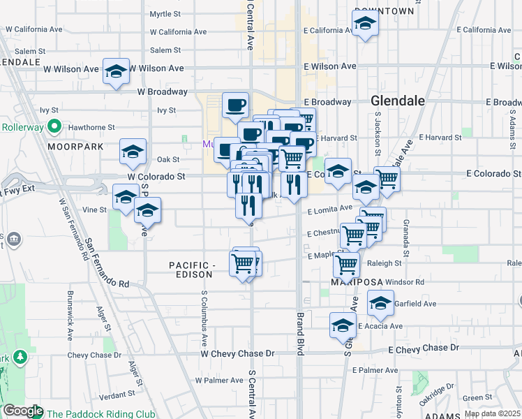 map of restaurants, bars, coffee shops, grocery stores, and more near 440 South Central Avenue in Glendale