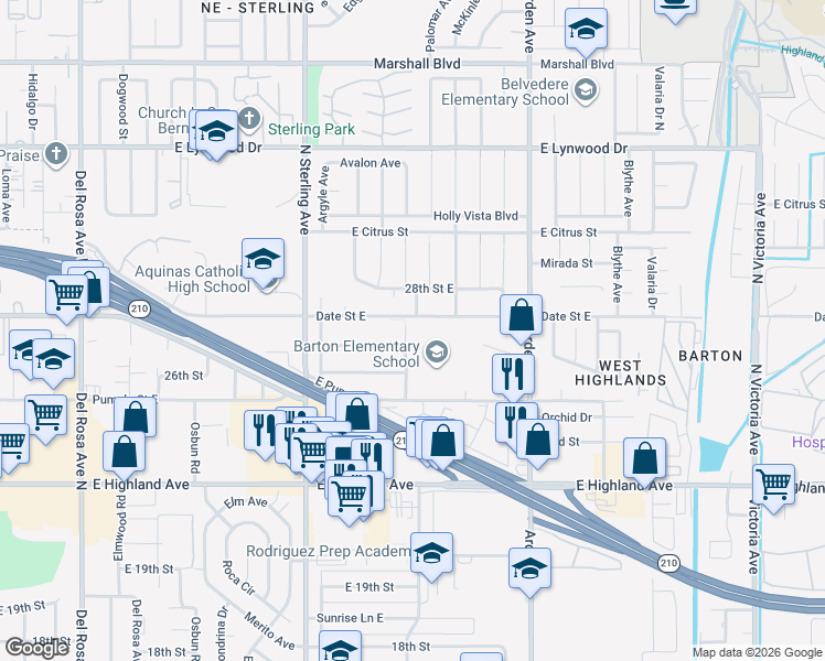 map of restaurants, bars, coffee shops, grocery stores, and more near 6235 Guthrie Street in San Bernardino
