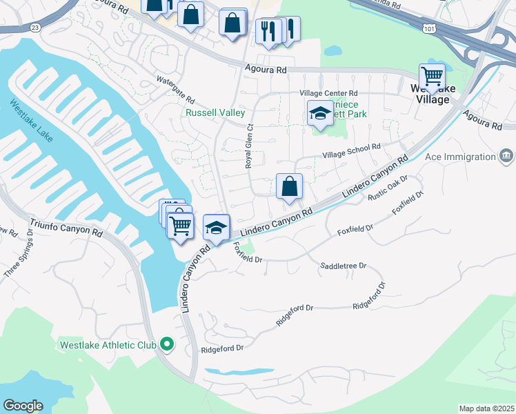 map of restaurants, bars, coffee shops, grocery stores, and more near 31861 Village Brook Road in Westlake Village