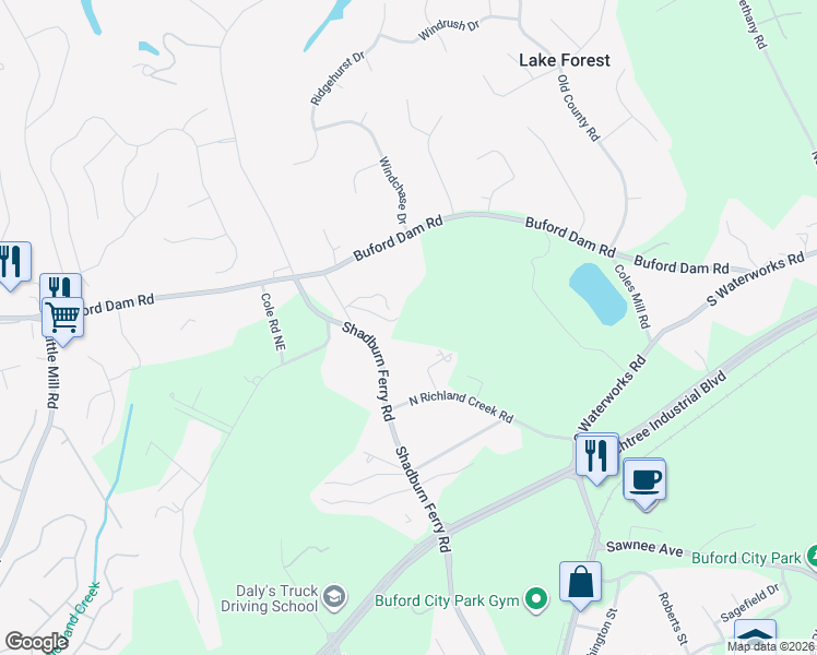 map of restaurants, bars, coffee shops, grocery stores, and more near 5495 Richland Creek Road in Buford
