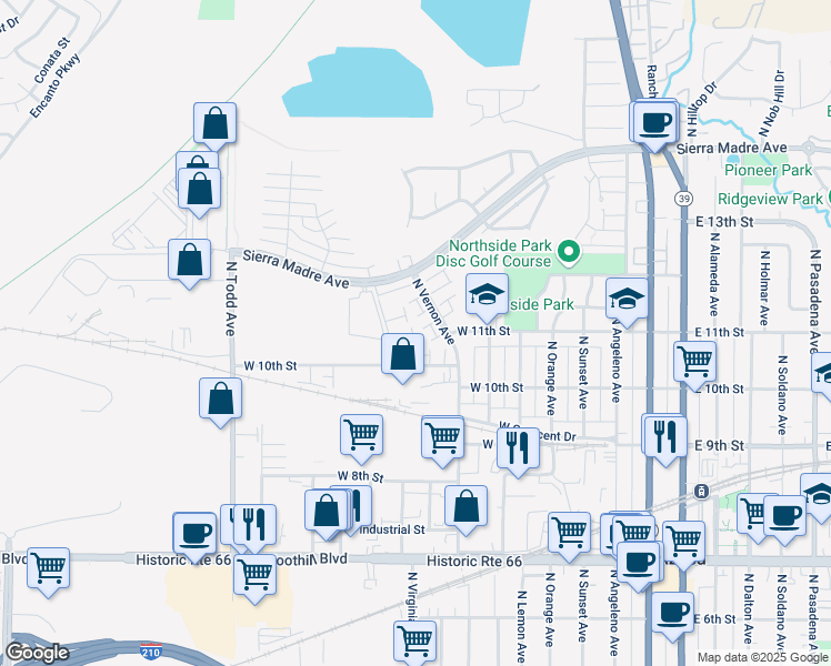 map of restaurants, bars, coffee shops, grocery stores, and more near 73 North Vernon Avenue in Azusa