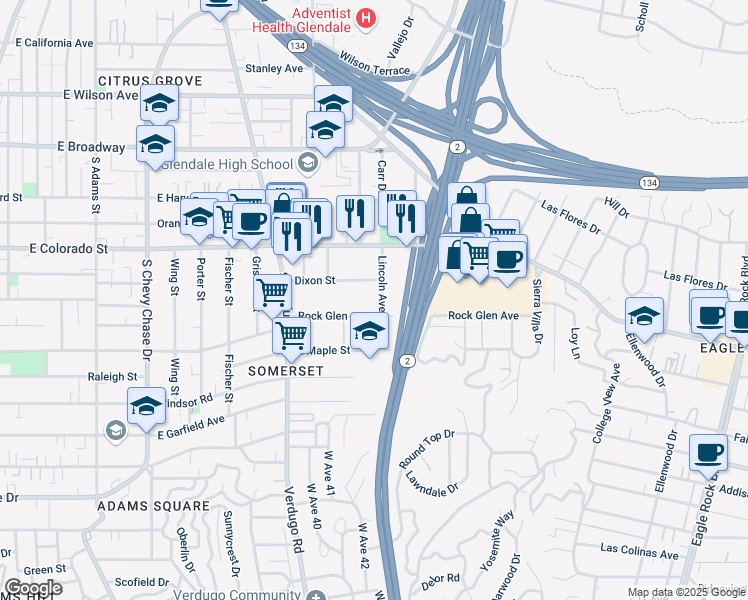 map of restaurants, bars, coffee shops, grocery stores, and more near 4 Dixon Street in Glendale