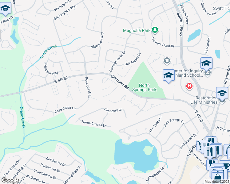 map of restaurants, bars, coffee shops, grocery stores, and more near 111 Parsons Mill Lane in Columbia
