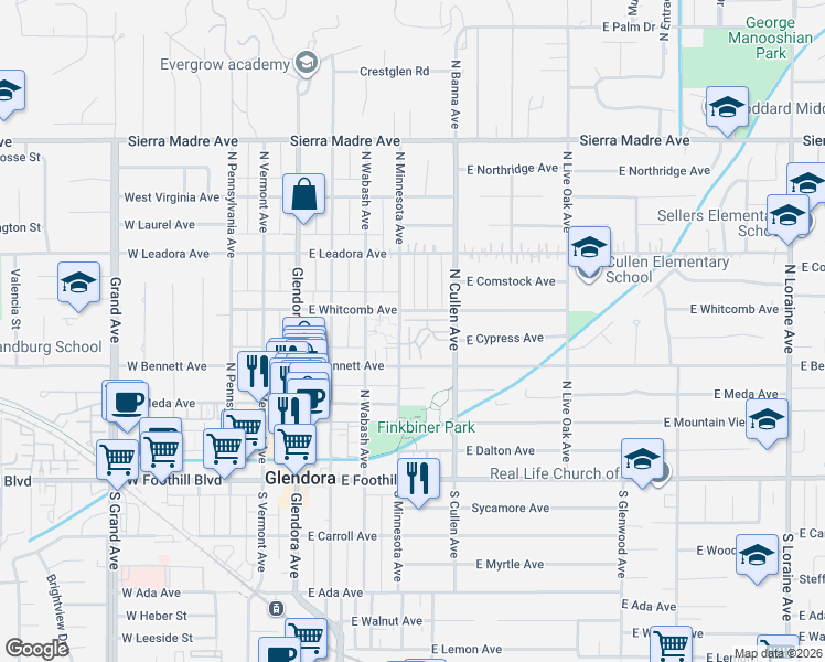 map of restaurants, bars, coffee shops, grocery stores, and more near 408 North Minnesota Avenue in Glendora