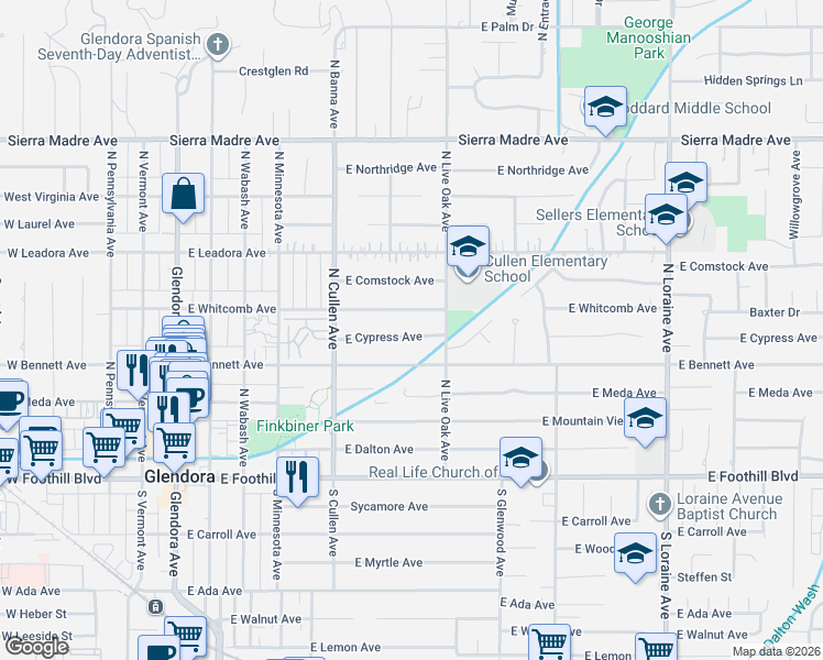 map of restaurants, bars, coffee shops, grocery stores, and more near 621 East Cypress Avenue in Glendora