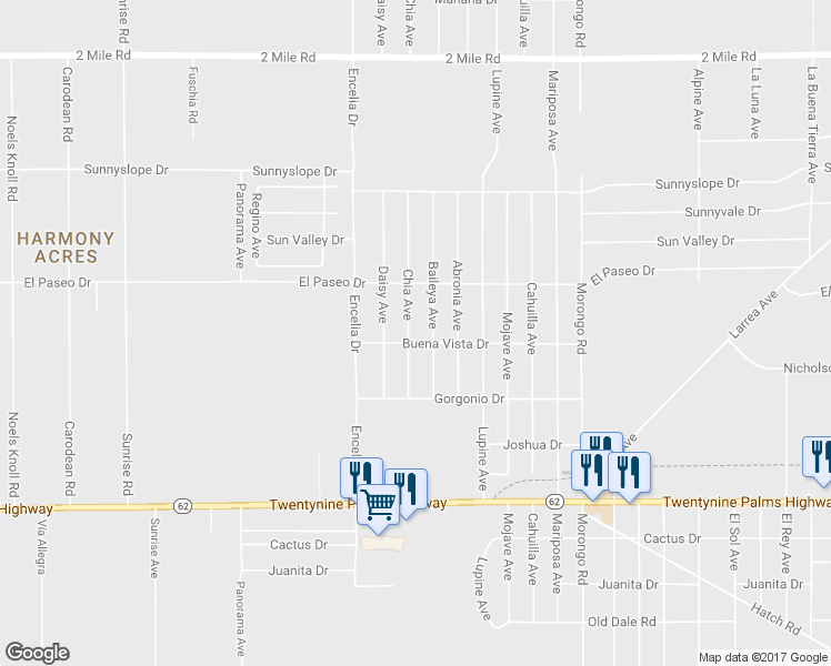 map of restaurants, bars, coffee shops, grocery stores, and more near 6185 Chia Avenue in Twentynine Palms