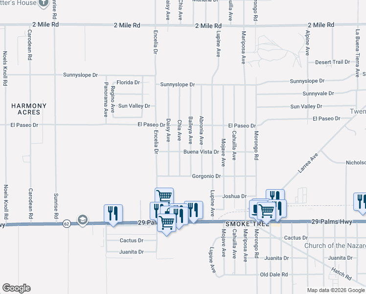 map of restaurants, bars, coffee shops, grocery stores, and more near 6185 Chia Avenue in Twentynine Palms