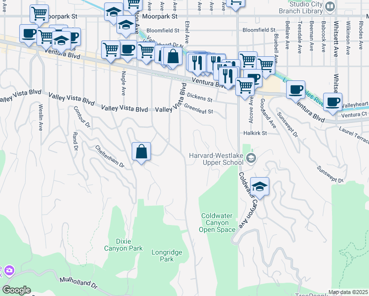 map of restaurants, bars, coffee shops, grocery stores, and more near 3848 Ethel Avenue in Los Angeles