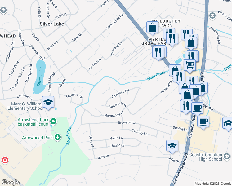 map of restaurants, bars, coffee shops, grocery stores, and more near 234 Richelieu Rd in Wilmington