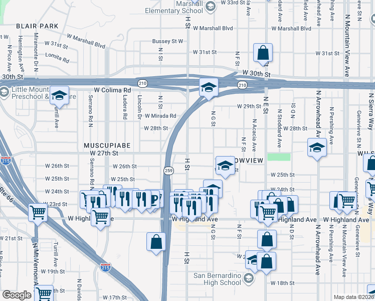map of restaurants, bars, coffee shops, grocery stores, and more near H Street in San Bernardino