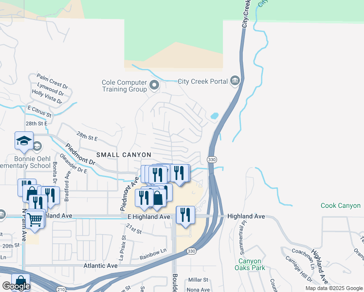 map of restaurants, bars, coffee shops, grocery stores, and more near in Highland