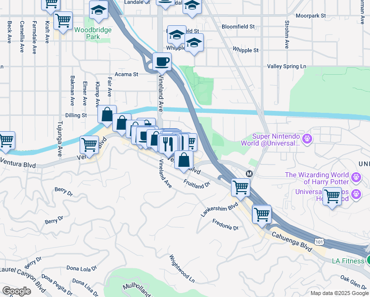 map of restaurants, bars, coffee shops, grocery stores, and more near 10926 Bluffside Drive in Los Angeles