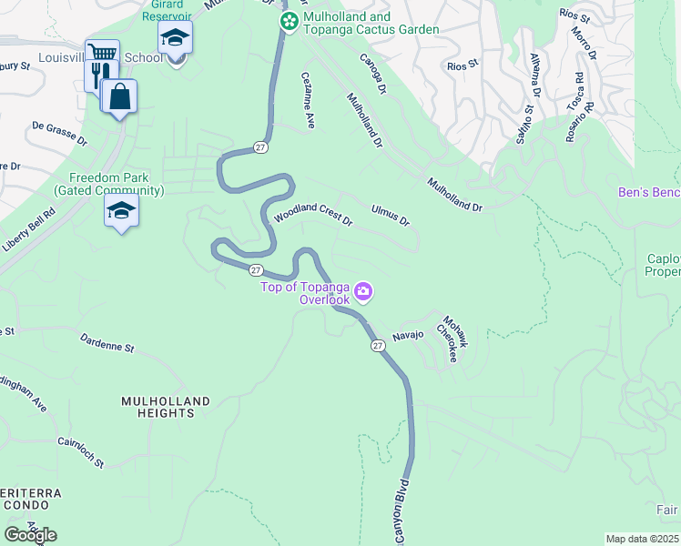 map of restaurants, bars, coffee shops, grocery stores, and more near 3831 Saint Johnswood Drive in Topanga