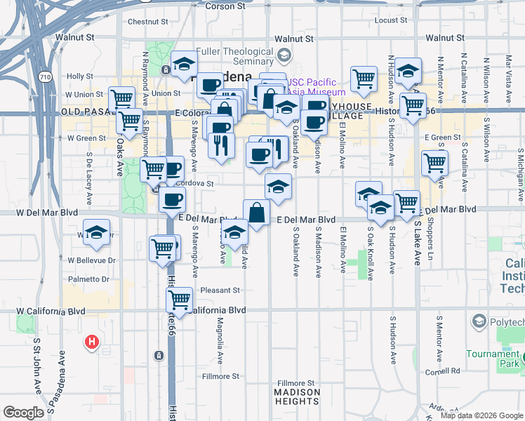 map of restaurants, bars, coffee shops, grocery stores, and more near 399 East Del Mar Boulevard in Pasadena