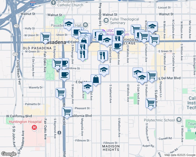 map of restaurants, bars, coffee shops, grocery stores, and more near 399 East Del Mar Boulevard in Pasadena