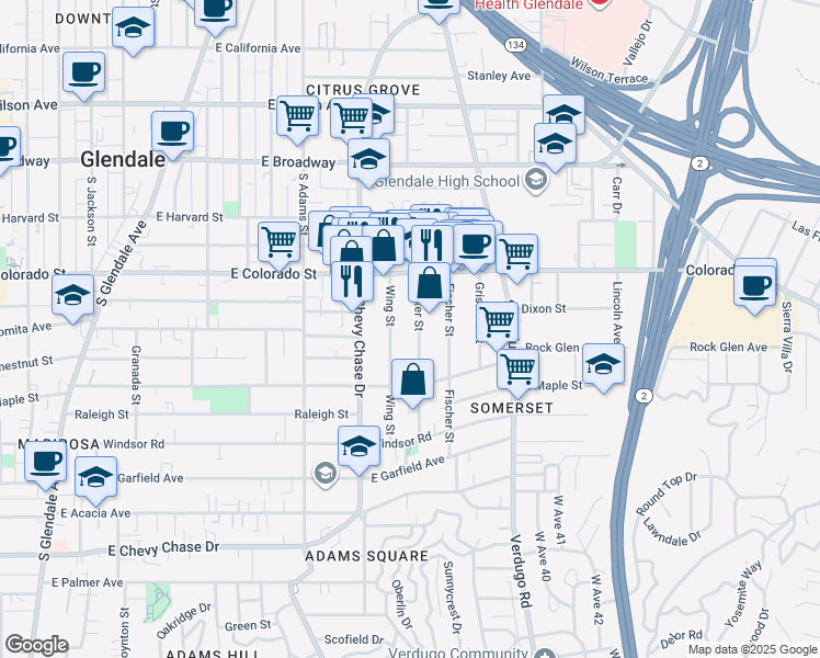 map of restaurants, bars, coffee shops, grocery stores, and more near 421 Porter Street in Glendale