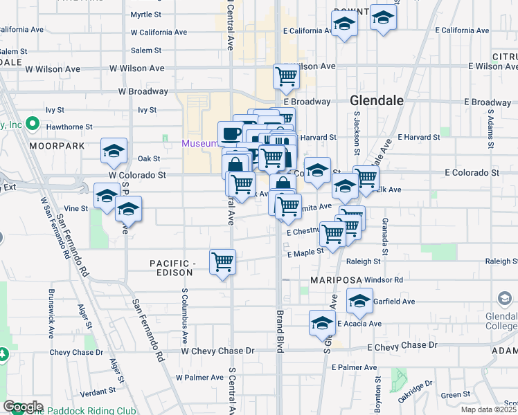 map of restaurants, bars, coffee shops, grocery stores, and more near 401 South Brand Boulevard in Glendale