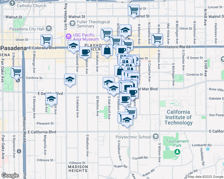 map of restaurants, bars, coffee shops, grocery stores, and more near 288 South Oak Knoll Avenue in Pasadena