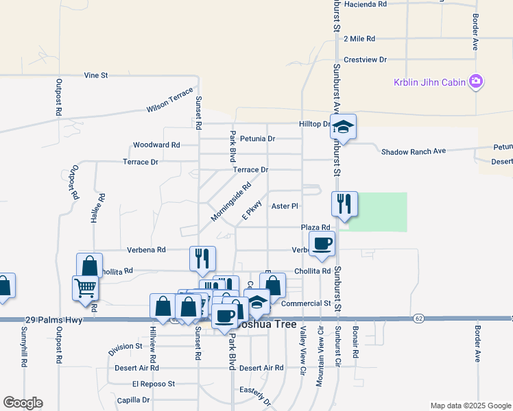 map of restaurants, bars, coffee shops, grocery stores, and more near East Parkway in Joshua Tree